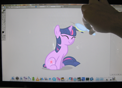 Size: 1582x1151 | Tagged: safe, artist:egophiliac, character:twilight sparkle, species:human, brush, brushing, computer, eyes closed, fourth wall, hand, irl, irl human, mac os x, operating system, photo, ponies in real life