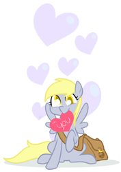 Size: 1000x1413 | Tagged: safe, artist:egophiliac, character:derpy hooves, species:pegasus, species:pony, bag, female, heart, mare, mouth hold, solo, valentine