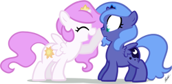 Size: 1120x545 | Tagged: safe, artist:egophiliac, character:princess celestia, character:princess luna, species:alicorn, species:pony, :o, boop, cewestia, cute, cutelestia, duo, eyes closed, female, filly, filly celestia, filly luna, foal, honk, nose wrinkle, open mouth, pink-mane celestia, royal sisters, sisters, smiling, wide eyes, woona, younger