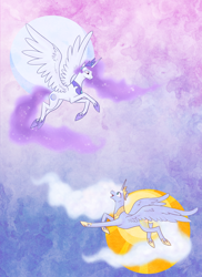 Size: 1200x1650 | Tagged: safe, artist:egophiliac, character:princess celestia, character:princess luna, species:alicorn, species:pony, crown, duo, ethereal mane, female, galaxy mane, gradient background, hoof shoes, jewelry, mare, moon, peytral, princess of the night, princess of the sun, regalia, role reversal, royal sisters, sisters, spread wings, sun, wings