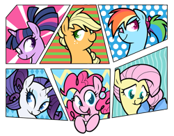 Size: 1055x821 | Tagged: dead source, safe, artist:egophiliac, character:applejack, character:fluttershy, character:pinkie pie, character:rainbow dash, character:rarity, character:twilight sparkle, alternate hairstyle, braid, bust, mane six, out of frame, pigtails, ponytail, portrait