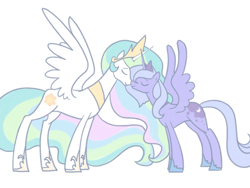 Size: 640x480 | Tagged: safe, artist:egophiliac, character:princess celestia, character:princess luna, species:alicorn, species:pony, duo, ethereal mane, eyes closed, female, mare, nuzzling, royal sisters, s1 luna, siblings, simple background, sisterly love, sisters, spread wings, white background, wings