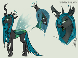 Size: 1000x740 | Tagged: safe, artist:egophiliac, character:queen chrysalis, species:changeling, species:human, bust, female, gray background, humanized, looking back, multeity, simple background, slice of pony life