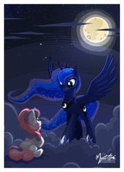 Size: 1081x1500 | Tagged: safe, artist:mysticalpha, character:princess luna, character:sweetie belle, episode:for whom the sweetie belle toils, cloud, cloudy, dream walker luna, eye contact, moon, night, sitting, spread wings, standing, stars, wings