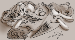 Size: 4000x2118 | Tagged: safe, artist:silfoe, character:princess celestia, character:twilight sparkle, character:twilight sparkle (alicorn), species:alicorn, species:pony, ship:twilestia, bedroom eyes, blushing, cuddling, eyes closed, female, lesbian, mare, monochrome, on side, open mouth, preening, prone, shipping, sketch, smiling, snuggling, spread wings, underhoof, wing bite, wings