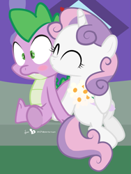 Size: 675x900 | Tagged: safe, artist:dm29, character:spike, character:sweetie belle, species:dragon, species:pony, species:unicorn, ship:spikebelle, baby, baby dragon, blush sticker, blushing, bouquet, carousel boutique, cute, diasweetes, door, fangs, female, filly, flower, heart, horn, julian yeo is trying to murder us, kiss on the cheek, kissing, male, shipping, signature, sitting, spikabetes, straight
