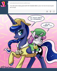 Size: 700x874 | Tagged: safe, artist:johnjoseco, character:princess luna, character:sweetie belle, episode:for whom the sweetie belle toils, alternate hairstyle, ask gaming princess luna, bling, clothing, comic, gangsta, gangster, hat, tumblr