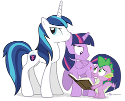 Size: 1110x900 | Tagged: safe, artist:dm29, character:shining armor, character:spike, character:twilight sparkle, character:twilight sparkle (alicorn), oc:dusk shine, species:alicorn, species:pony, species:unicorn, book, duo, gleaming shield, implied transformation, rule 63, sheepish grin, simple background, transparent background