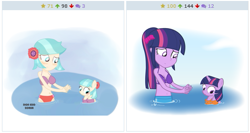 Size: 515x275 | Tagged: safe, artist:dm29, artist:doneddzorua, character:coco pommel, character:twilight sparkle, species:pony, derpibooru, my little pony:equestria girls, alternate hairstyle, art theft, belly button, bikini, breasts, busty coco pommel, cleavage, clothing, cocobetes, cute, duo, exploitable meme, female, filly, human ponidox, julian yeo is trying to murder us, juxtaposition, juxtaposition win, meme, meta, ponidox, pony pet, ponytail, square crossover, swimming, swimsuit, trace, twiabetes, water, water wings, younger