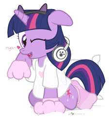 Size: 720x800 | Tagged: safe, artist:dm29, character:twilight sparkle, character:twilight sparkle (alicorn), species:alicorn, species:pony, anatomically incorrect, cat ears, catgirl, clothing, cute, fangs, female, floppy ears, headphones, incorrect leg anatomy, julian yeo is trying to murder us, kneeling, looking at you, mare, nya, one eye closed, open mouth, paws, pillow, simple background, smiling, socks, solo, striped socks, transparent background, twiabetes, twilight cat, weapons-grade cute, wink