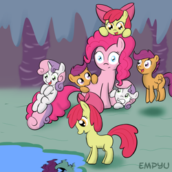Size: 1000x1000 | Tagged: safe, artist:empyu, character:apple bloom, character:pinkie pie, character:scootaloo, character:sweetie belle, species:pegasus, species:pony, 30 minute art challenge, cave, cave pool, clone, cutie mark crusaders, duality, mirror pool, this will end in tears, this will end in tears and/or death and/or covered in tree sap, tree sap and pine needles, xk-class end-of-the-world scenario
