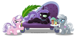 Size: 1280x626 | Tagged: safe, artist:aleximusprime, character:diamond tiara, character:silver spoon, character:sweetie belle, accessory theft, cupcake, fangs, glasses, milkshake, missing accessory, necklace, nightmare sweetie belle, revenge, servant, simple background, slave, tiara, transparent background