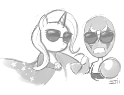 Size: 900x692 | Tagged: safe, artist:johnjoseco, character:trixie, species:pony, species:unicorn, crossover, dangeresque, grayscale, homestar runner, monochrome, strong bad, sunglasses