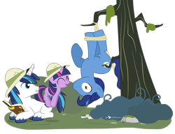 Size: 1200x920 | Tagged: safe, artist:dm29, character:night light, character:shining armor, character:twilight sparkle, book, brother and sister, clothing, cute, excited, father and daughter, father and son, female, filly, frown, grin, hat, julian yeo is trying to murder us, male, pith helmet, prone, pronking, rope, simple background, smiling, snare, suspended, transparent background, trio, twiabetes, upside down, wide eyes