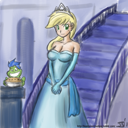 Size: 1280x1280 | Tagged: safe, artist:johnjoseco, artist:michos, character:applejack, character:soarin', species:human, breasts, busty applejack, cleavage, clothing, colored, colored pupils, cute, disney, disney princess, dress, eyes on the prize, female, frog, grin, humanized, implied soarinjack, jackabetes, looking at you, pie, smiling, solo focus, species swap, stairs, the princess and the frog, tiana