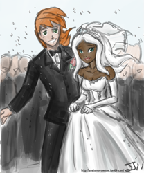 Size: 667x800 | Tagged: safe, artist:johnjoseco, artist:michos, edit, character:big mcintosh, character:zecora, species:human, ship:macora, color edit, colored, female, humanized, male, marriage, shipping, straight, wedding