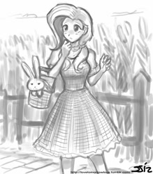 Size: 735x840 | Tagged: safe, artist:johnjoseco, character:angel bunny, character:fluttershy, species:human, clothing, crossover, dorothy, dress, grayscale, humanized, monochrome
