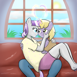 Size: 3000x3000 | Tagged: safe, artist:empyu, character:dinky hooves, character:twilight velvet, species:anthro, adultery, couch, crack shipping, cuddling, dinkyvelvet, explicit source, female, infidelity, lesbian, magic, older, pregnant, shipping, snuggling