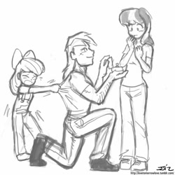 Size: 850x850 | Tagged: safe, artist:johnjoseco, character:apple bloom, character:big mcintosh, character:cheerilee, species:human, ship:cheerimac, engagement ring, female, grayscale, humanized, love poison, male, marriage proposal, monochrome, ring, shipping, straight