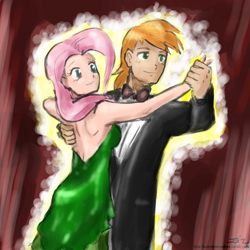 Size: 800x800 | Tagged: safe, artist:johnjoseco, artist:michos, character:big mcintosh, character:fluttershy, species:human, ship:fluttermac, clothing, dancing, dress, female, humanized, male, shipping, straight