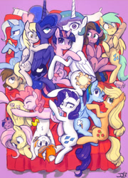 Size: 647x901 | Tagged: safe, artist:johnjoseco, artist:thepolymath, edit, character:applejack, character:derpy hooves, character:fluttershy, character:pinkie pie, character:princess celestia, character:princess luna, character:rainbow dash, character:rarity, character:sunshower raindrops, character:trixie, character:twilight sparkle, character:twilight sparkle (alicorn), oc, oc:belle eve, oc:calpain, oc:gem, species:alicorn, species:pony, ask princess molestia, chubbie, princess molestia, ship:appledash, ship:flutterpie, ship:omniship, ship:twilestia, :<, :o, banana, bed, belle eve, blushing, boop, bread, butt bump, butt to butt, butt touch, butthug, c:, calpain, chest fluff, colored, cross-eyed, divine, everypony, eyes closed, faceful of ass, female, frown, group hug, happy, hug, lesbian, looking at you, mane six, mare, memj0123, nuzzling, on back, on side, open mouth, party, pillow, plot, polyamory, ponified, pony pile, raygun, rubber duck, scrunchy face, shipping, smiling, snuggling, unamused, wide eyes