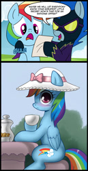 Size: 571x1107 | Tagged: safe, artist:johnjoseco, artist:madmax, character:nightshade, character:rainbow dash, awkward, awkward moment, blackmail, blushing, caught, clothing, comic, costume, dash's little secret, dressup, embarrassed, exploitable meme, fancy, hat, meme, rainbow dash always dresses in style, shadowbolts, shadowbolts costume, sun hat, tea, tea party