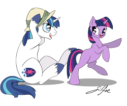 Size: 3000x2500 | Tagged: safe, artist:silfoe, character:shining armor, character:twilight sparkle, character:twilight sparkle (unicorn), species:pony, species:unicorn, bipedal, blank flank, brother and sister, clothing, cute, duo, duo male and female, eye contact, female, filly, filly twilight sparkle, foal, hat, looking at each other, male, open mouth, pith helmet, pointing, rearing, shadow, shining adorable, siblings, signature, silfoe is trying to murder us, simple background, sitting, smiling, teen shining armor, teenager, transparent background, twiabetes