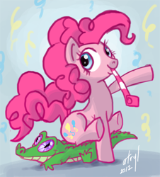 Size: 452x500 | Tagged: safe, artist:atryl, character:gummy, character:pinkie pie, species:pony, duo, party horn