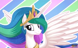 Size: 2560x1600 | Tagged: safe, artist:mysticalpha, character:princess celestia, female, smiling, solo, spread wings, wallpaper, wings