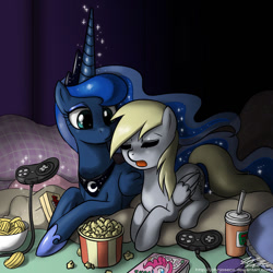 Size: 900x900 | Tagged: safe, artist:johnjoseco, character:derpy hooves, character:princess luna, species:pegasus, species:pony, gamer luna, ship:lunaderp, chips, controller, drink, female, food, lesbian, mare, popcorn, potato chips, shipping, straw
