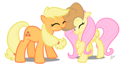 Size: 1236x686 | Tagged: safe, artist:egophiliac, character:applejack, character:fluttershy, species:earth pony, species:pegasus, species:pony, g4, accessory swap, adobe imageready, applejack's hat, clothing, cowboy hat, eyes closed, female, happy, hat, mare, simple background, smiling, transparent background