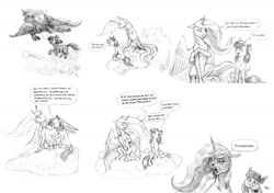 Size: 1800x1269 | Tagged: safe, artist:baron engel, character:apple bloom, character:princess luna, oc, oc:carousel, oc:petina, oc:sky brush, cloud, comic, dat face, dream, grayscale, lucid dreaming, monochrome, pencil drawing, traditional art