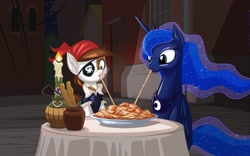 Size: 2560x1600 | Tagged: safe, artist:mysticalpha, character:pipsqueak, character:princess luna, species:alicorn, species:earth pony, species:pony, ship:lunapip, candle, eating, female, food, lady and the tramp, male, messy, pipsqueak eating spaghetti, shipping, sitting, smiling, spaghetti, spaghetti scene, straight, wallpaper