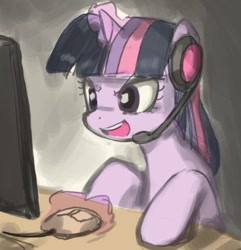 Size: 610x634 | Tagged: safe, artist:johnjoseco, artist:nickolov707, character:twilight sparkle, colored, computer mouse, female, gamer, gamer twi, gaming, headphones, headset, magic, monitor, solo