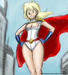Size: 909x1000 | Tagged: safe, artist:johnjoseco, artist:michos, character:derpy hooves, species:human, clothing, crossover, epic derpy, humanized, leotard, power girl, wide hips