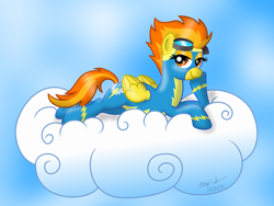 Size: 1024x771 | Tagged: safe, artist:aleximusprime, character:spitfire, species:pegasus, species:pony, clothing, cloud, female, goggles, hooves, looking at you, lying on a cloud, mare, on a cloud, on stomach, paint.net, prone, smiling, solo, uniform, wings, wonderbolts, wonderbolts uniform