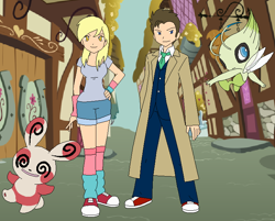 Size: 724x581 | Tagged: safe, artist:selenaede, character:derpy hooves, character:doctor whooves, character:time turner, species:human, celebi, converse, crossover, humanized, pokémon, spinda, tenth doctor