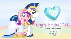 Size: 1240x680 | Tagged: safe, artist:dm29, character:princess cadance, character:shining armor, episode:equestria games, g4, my little pony: friendship is magic, armor, clothing, crystal heart, dress, duo, looking at you, olympic rings, smiling