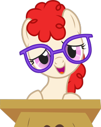 Size: 2530x3181 | Tagged: safe, artist:cloudyglow, character:twist, species:earth pony, species:pony, episode:call of the cutie, g4, my little pony: friendship is magic, cute, dawwww, desk, female, filly, foal, glasses, high res, looking at you, open mouth, simple background, smiling, solo, transparent background, twistabetes, vector