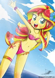 Size: 739x1055 | Tagged: safe, artist:the-butch-x, character:sunset shimmer, my little pony:equestria girls, adorasexy, armpits, bandeau, beach, belly button, bikini, blushing, bracelet, breasts, busty sunset shimmer, cleavage, clothing, cute, cutie mark, cutie mark on equestria girl, female, flower in hair, frilled swimsuit, frilly, garter, happy, lace, ocean, pink swimsuit, sexy, shimmerbetes, solo, swimsuit, tricolor swimsuit, underass, water, x summer