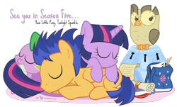 Size: 1095x660 | Tagged: safe, artist:dm29, character:flash sentry, character:owlowiscious, character:spike, character:twilight sparkle, character:twilight sparkle (alicorn), species:alicorn, species:pony, ship:flashlight, episode:princess twilight sparkle, g4, my little pony: friendship is magic, awwlowiscious, backpack, book, cuddling, cute, diasentres, eyes closed, female, male, mare, mystery box of plot importance, prone, scroll, shipping, simple background, sleeping, smiling, snuggling, spikabetes, straight, transparent background, twiabetes