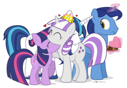 Size: 1290x900 | Tagged: safe, artist:dm29, character:night light, character:shining armor, character:twilight sparkle, character:twilight sparkle (alicorn), character:twilight velvet, species:alicorn, species:pony, chocolate, cute, eating, female, heart, hug, magic, mare, mother's day, neck hug, new crown, simple background, sparkle family, transparent background, trio, twiabetes