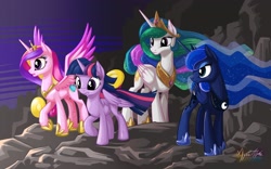 Size: 2560x1600 | Tagged: safe, artist:mysticalpha, character:princess cadance, character:princess celestia, character:princess luna, character:twilight sparkle, character:twilight sparkle (alicorn), species:alicorn, species:pony, alicorn tetrarchy, female, mare, wallpaper