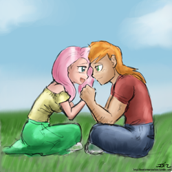 Size: 850x850 | Tagged: safe, artist:johnjoseco, artist:michos, character:big mcintosh, character:fluttershy, species:human, ship:fluttermac, clothing, duo, female, holding hands, humanized, jeans, long skirt, looking at each other, male, pants, shipping, shoes, skirt, straight