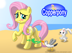 Size: 1280x950 | Tagged: safe, artist:aleximusprime, character:angel bunny, character:fluttershy, species:bird, species:pegasus, species:pony, species:rabbit, g4, animal, assisted exposure, beach, bikini, blushing, butt, clothing, coppertone parody, female, flutterbutt, looking back, male, mare, plot, raised hoof, seagull, side-tie bikini, swimsuit, undressing