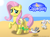 Size: 1280x950 | Tagged: safe, artist:aleximusprime, character:angel bunny, character:fluttershy, species:bird, species:pegasus, species:pony, species:rabbit, species:seagull, g4, animal, assisted exposure, beach, bikini, blushing, butt, clothing, coppertone parody, female, flutterbutt, looking back, male, mare, plot, raised hoof, side-tie bikini, swimsuit, undressing
