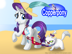 Size: 1280x950 | Tagged: safe, artist:aleximusprime, character:opalescence, character:rarity, species:pony, species:unicorn, g4, assisted exposure, beach, bikini, clothing, coppertone parody, female, hat, mare, plot, raised hoof, side-tie bikini, swimsuit, undressing