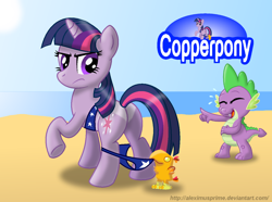 Size: 1280x950 | Tagged: safe, artist:aleximusprime, character:peewee, character:spike, character:twilight sparkle, character:twilight sparkle (unicorn), species:dragon, species:pony, species:unicorn, g4, assisted exposure, beach, bikini, clothing, coppertone parody, female, male, mare, peewee, plot, raised hoof, swimsuit, undressing