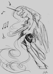 Size: 1280x1792 | Tagged: safe, artist:silfoe, character:princess luna, lunadoodle, dancing, female, grayscale, monochrome, music notes, sketch, solo