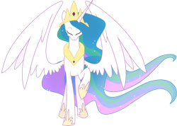 Size: 1115x793 | Tagged: safe, artist:egophiliac, character:princess celestia, species:alicorn, species:pony, g4, eyes closed, female, mare, raised hoof, simple background, solo, spread wings, transparent background, wings